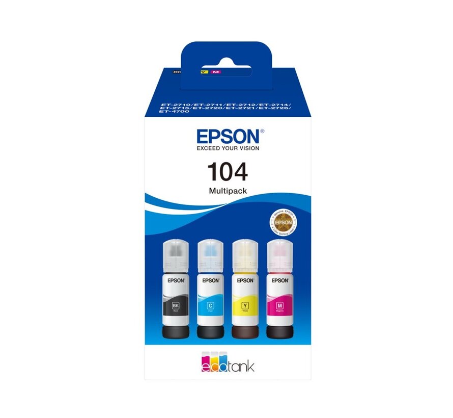 104 EcoTank Inktfles Multipack | Kleuren: Zwart, Cyaan, Magenta, Geel | Compatibel met  EcoTank-printers