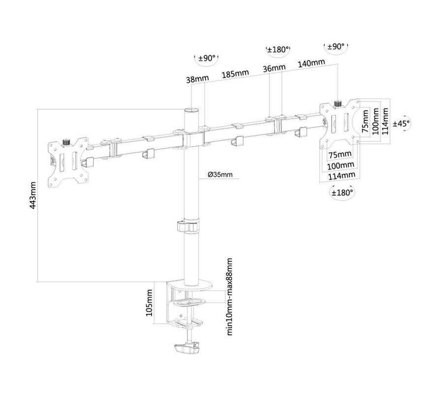 Neomounts  FPMA-D550DBLACK | Verstelbare Monitor-bureaubeugel | Tot 32" | Max 8kg | VESA 100x100 | 2 Monitoren