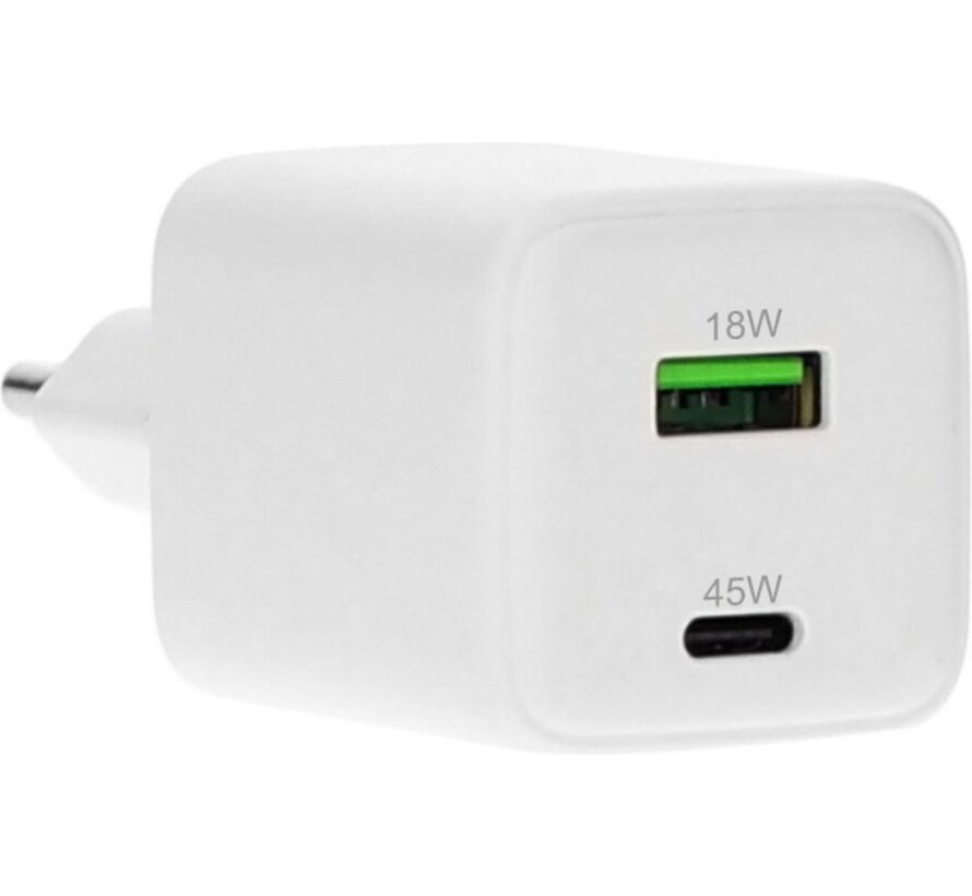 GaN Wall Charger USB-C/USB-A3.0/QC 45W Wit