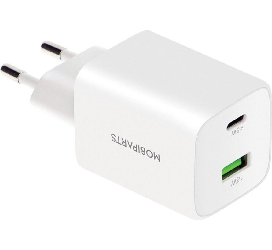 GaN Wall Charger USB-C/USB-A3.0/QC 45W Wit