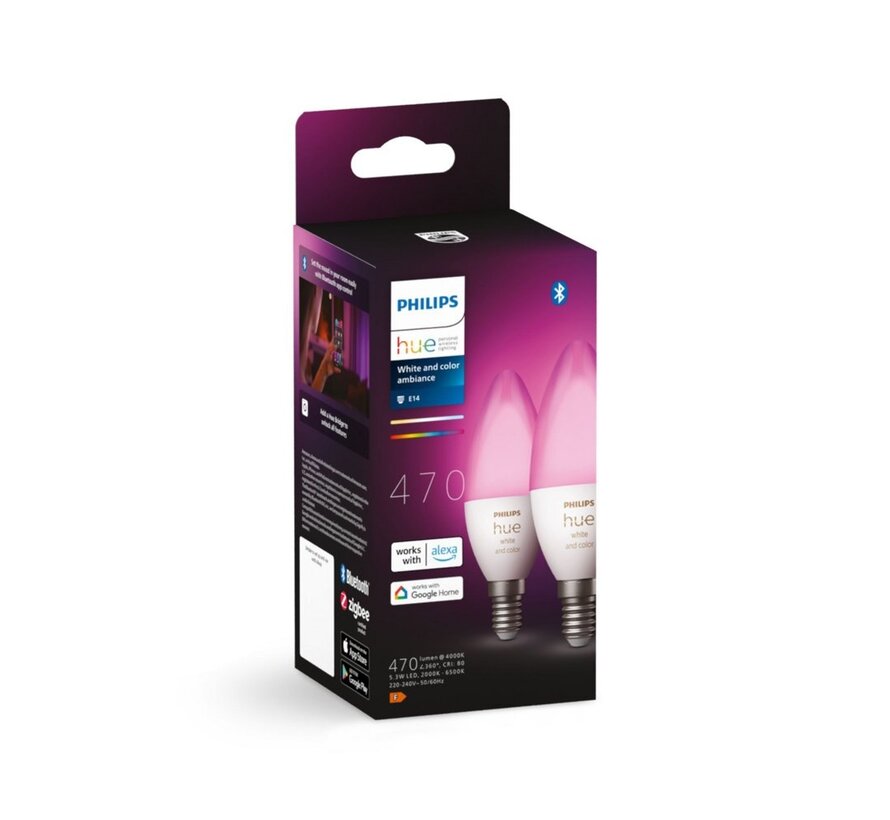 Hue White & Color Ambiance E14 Kaarslamp (2 Stuks) | Losse Lampen | Dimbaar | Compatibel met  Hue Bridge