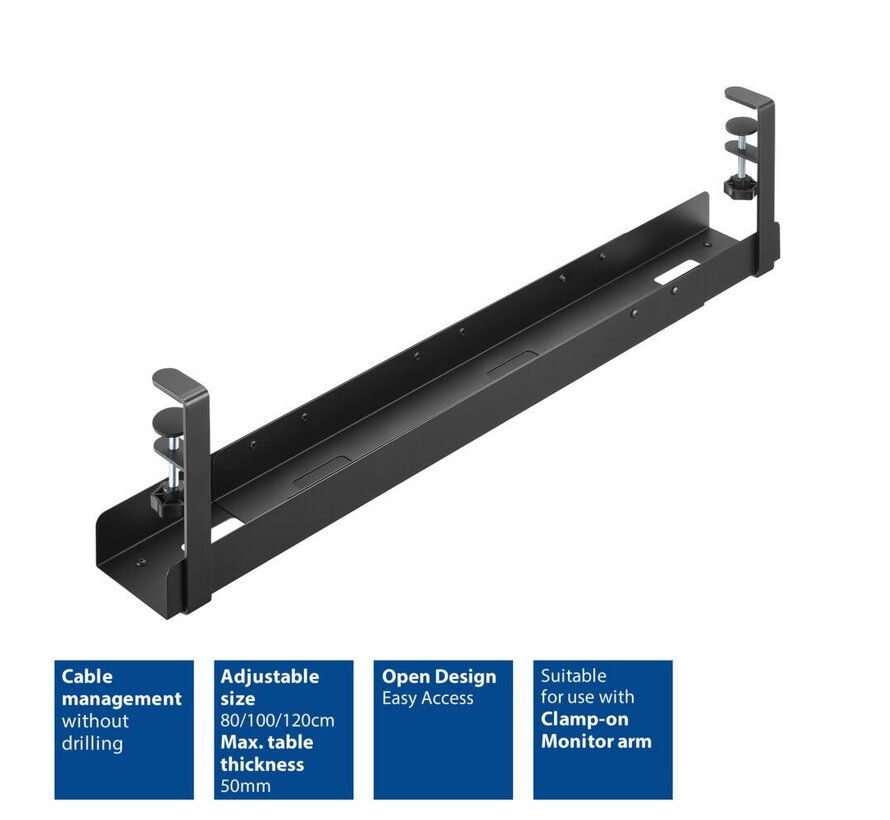 Verstelbare kabelgoot voor onder een bureau, montage