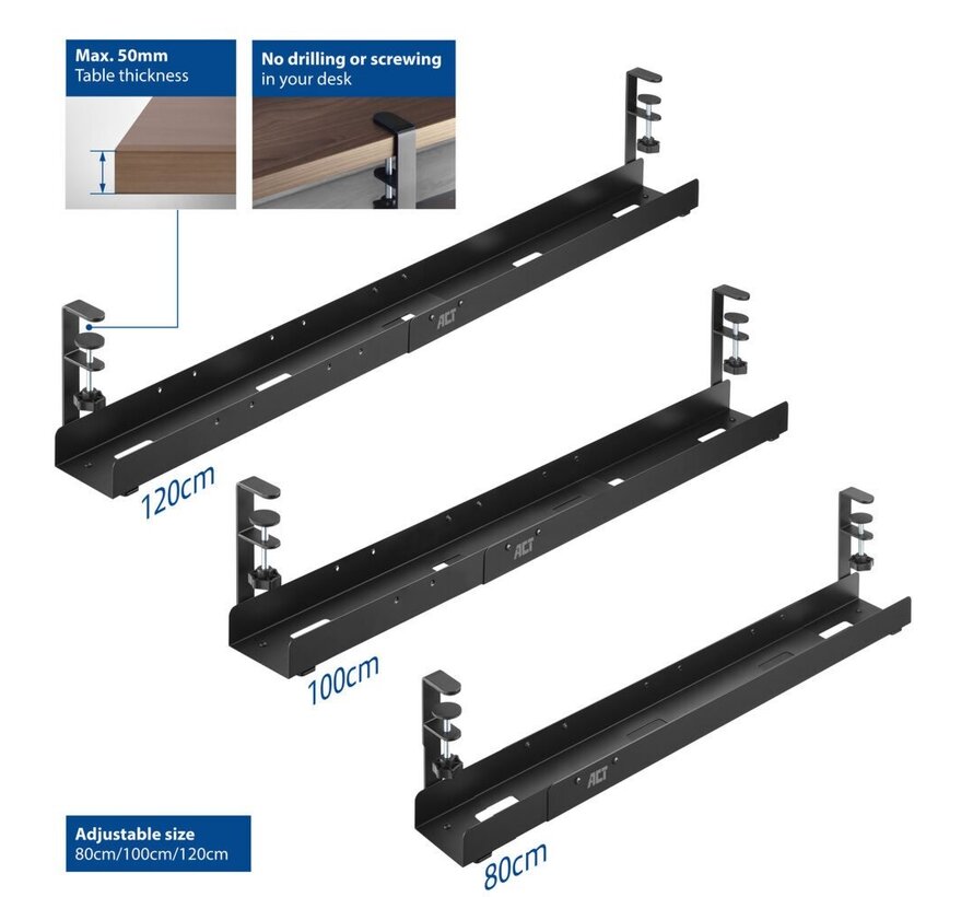 Verstelbare kabelgoot voor onder een bureau, montage