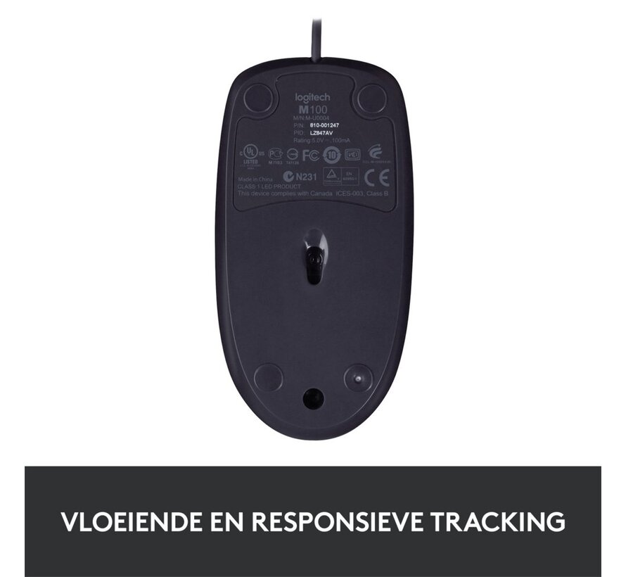B100 | Ambidextrous Bedrade Muis | USB-A | 800 DPI | Zwart