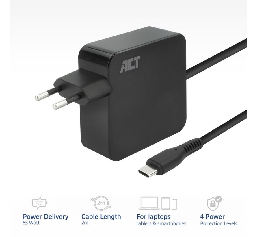 AC2010 | Universele USB-C Notebook Lader | 65 Watt PDP | 2 Meter
