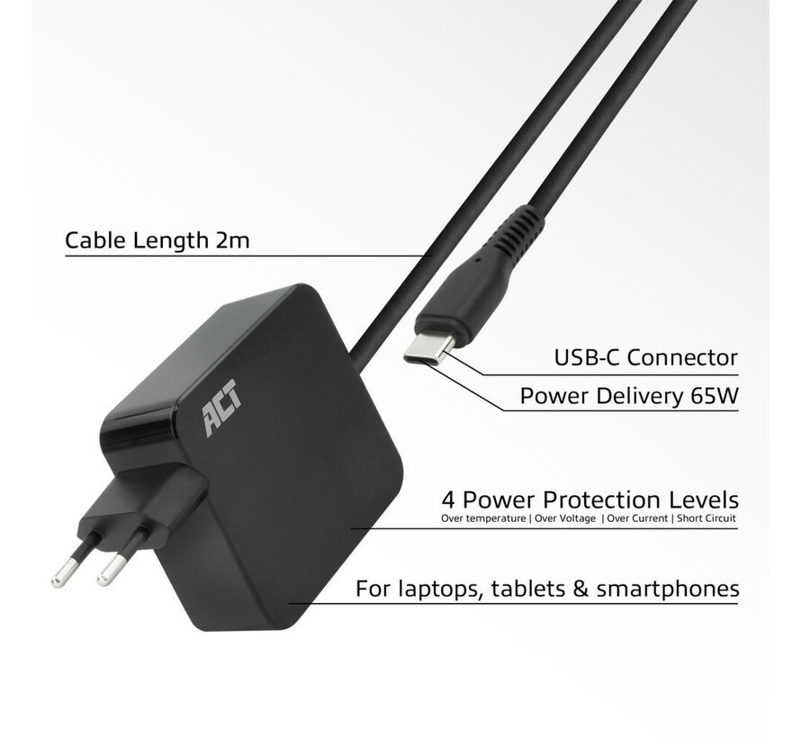 AC2010 | Universele USB-C Notebook Lader | 65 Watt PDP | 2 Meter