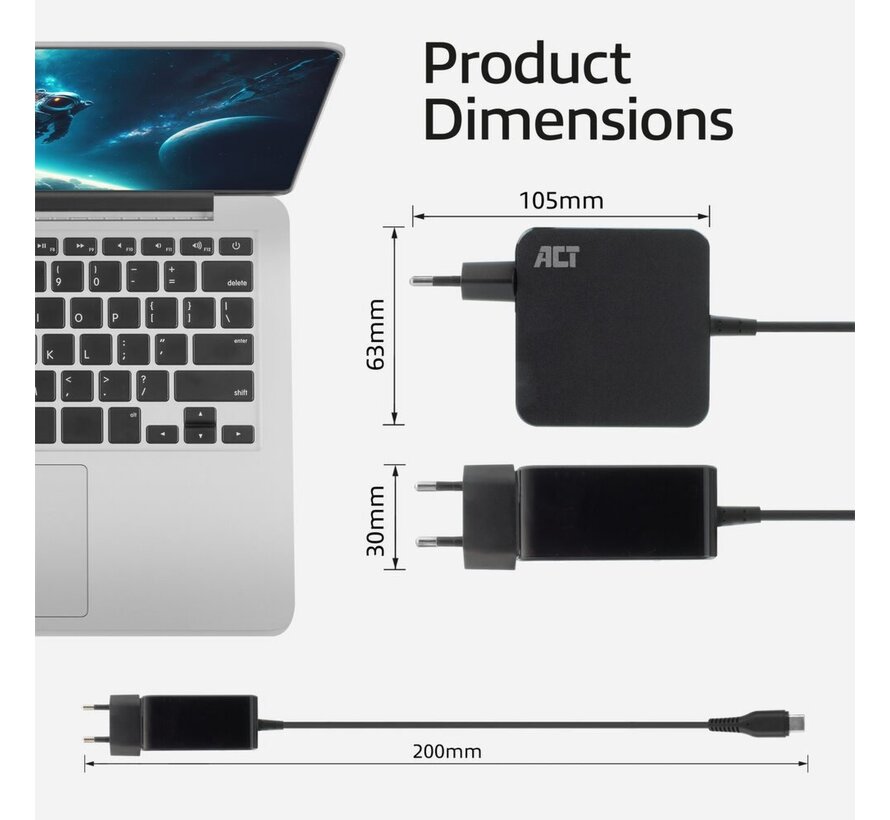 AC2010 | Universele USB-C Notebook Lader | 65 Watt PDP | 2 Meter