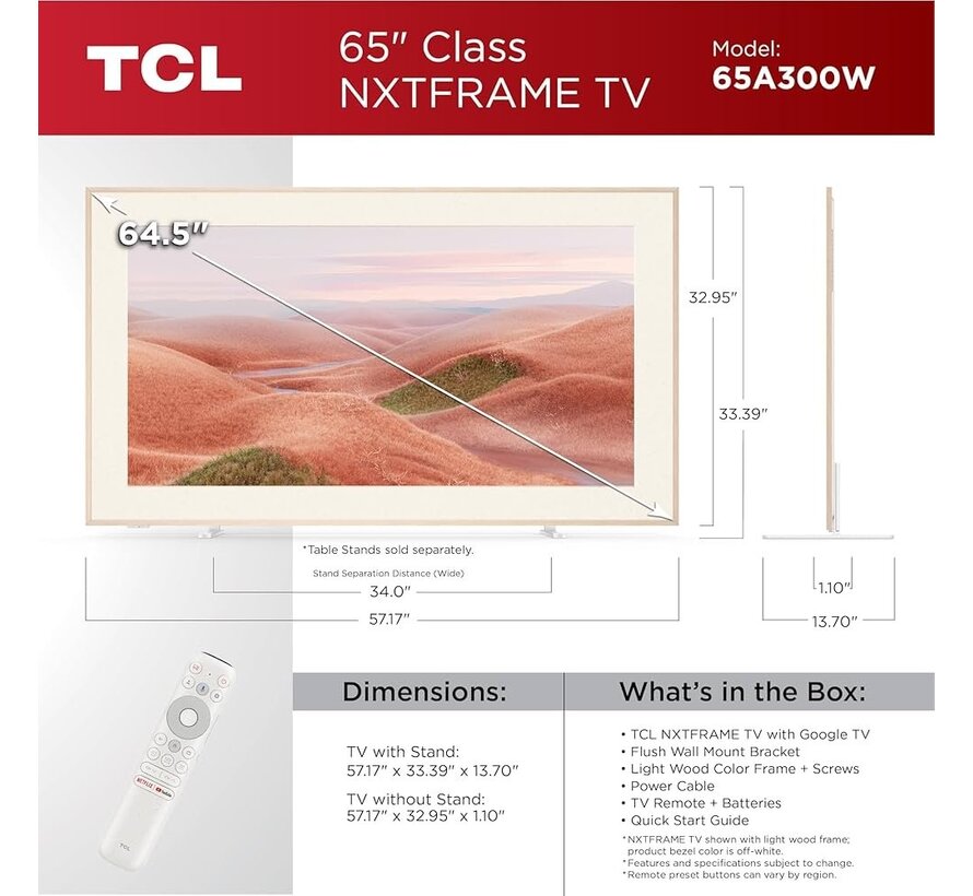 NXTFRAME 65A300W Wit 65" | Ultra HD 4K QLED Smart TV | VIDAA + Wifi | HDR10+ | Slim Design met NXTFRAME | 120Hz