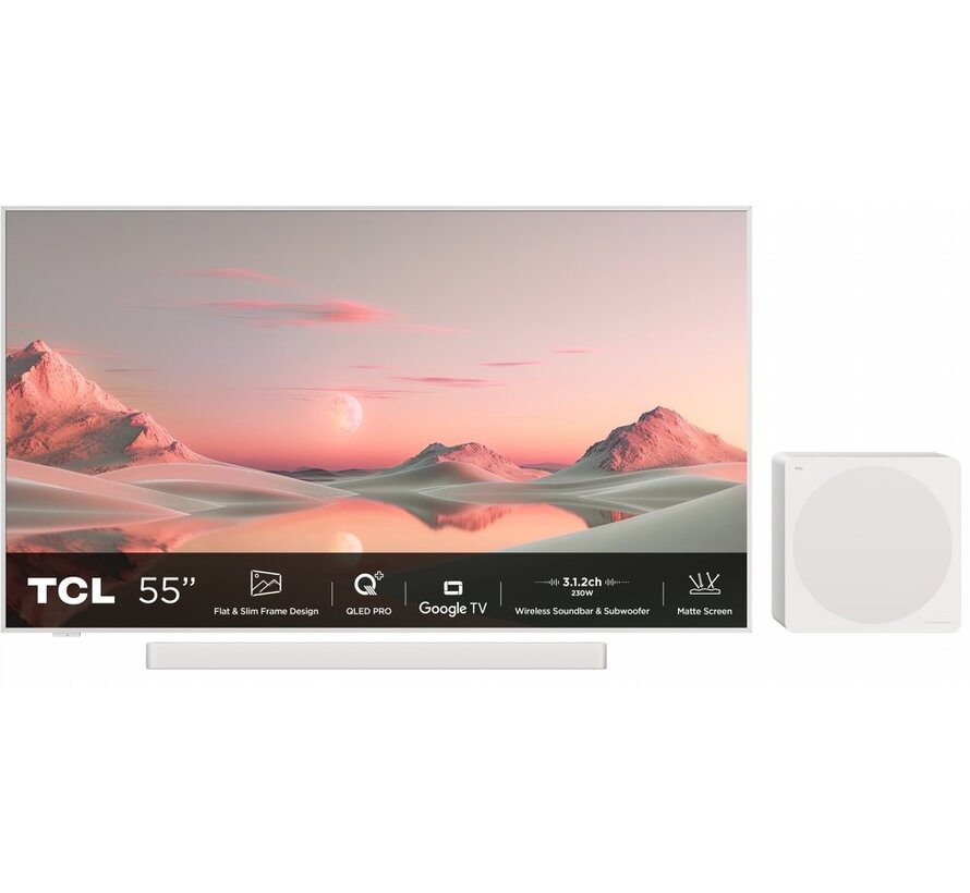 NXTFRAME 55A300W Pro Wit 55" | Ultra HD 4K QLED Smart TV | Draadloze Soundbar en Subwoofer | Google TV + Wifi | HDR10+ | 120Hz