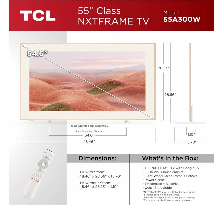 NXTFRAME 55A300W Wit 55" | Ultra HD 4K QLED Smart TV | Google TV + Wi-Fi | Dolby Vision | Slim Design met NXTFRAME | 120Hz