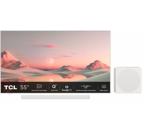TCL NXTFRAME 55A300W Pro Wit 55" | Ultra HD 4K QLED Smart TV | Draadloze Soundbar en Subwoofer | Google TV + Wifi | HDR10+ | 120Hz | Refurbished Gold (refurbished)
