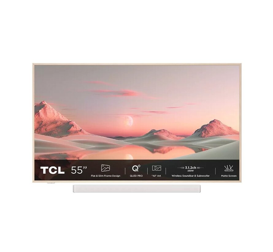 NXTFRAME 55A300W Pro Wit 55" | Ultra HD 4K QLED Smart TV | Draadloze Soundbar en Subwoofer | Google TV + Wifi | HDR10+ | 120Hz | Refurbished Gold (refurbished)