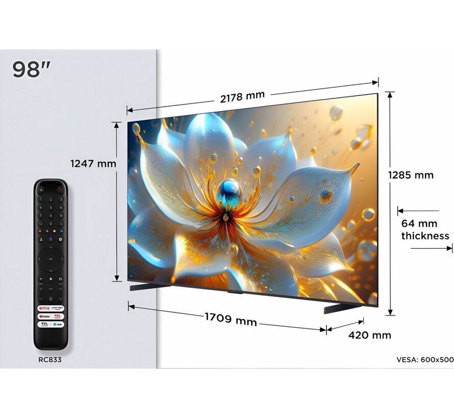98T8C 98” | Grote 4K QLED Smart TV | Supersnel 144Hz & Dolby Vision | Google TV + WiFi
