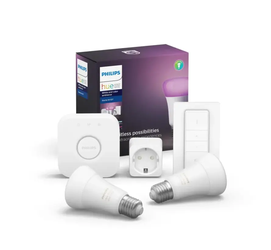 Philips Hue White and Color Starterkit (E27, 2 lampen, met Bridge 2.0, Dimmer en Stekker)