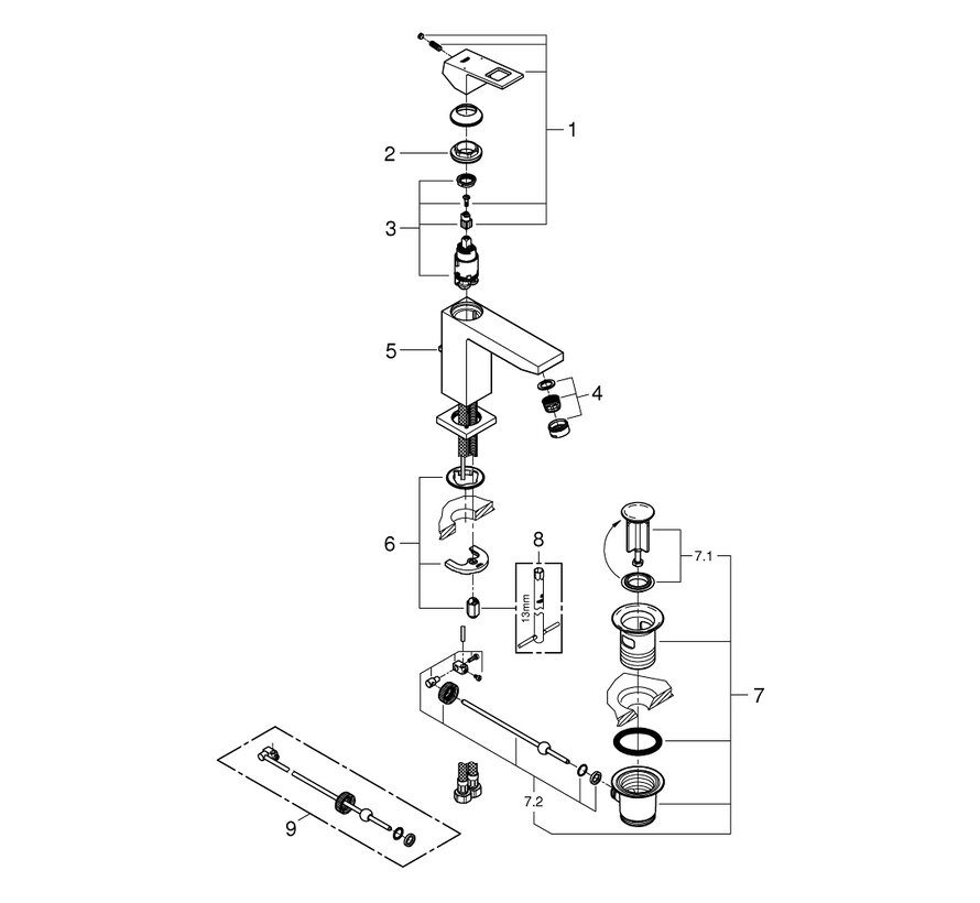 Grohe Eurocube m-size wastafelmengkraan met waste Supersteel