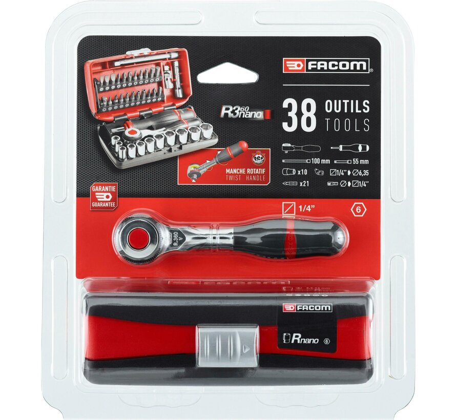 FACOM R.360NANOPB ratel R.360 met ultra compacte doppenset 6-kant 1/4" in opbergdoos 38-delig