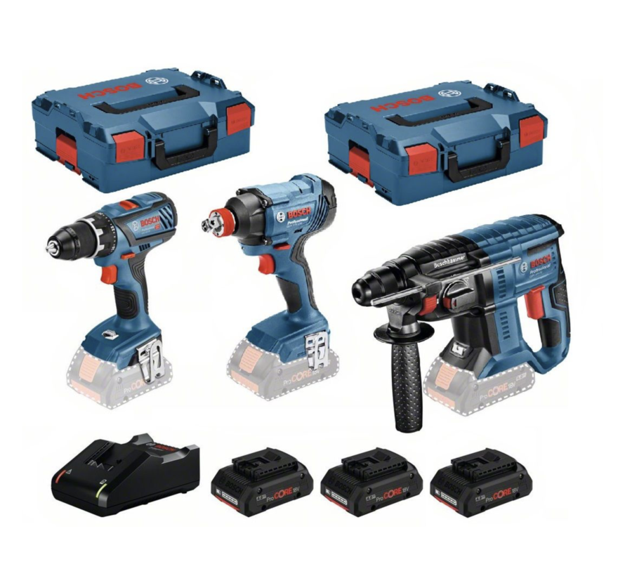 BOSCH Blauw 18V 3-delige Machine Set – Incl. 3 ProCORE 18V 4.0Ah Accu’s & Lader – Combi Kit 0615990L57