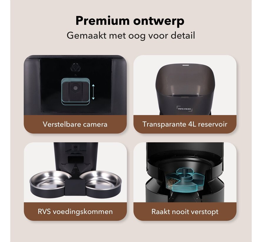 Pets Pride Automatische voerbak kat en hond - Dubbele voederbak met Full HD camera Zwart