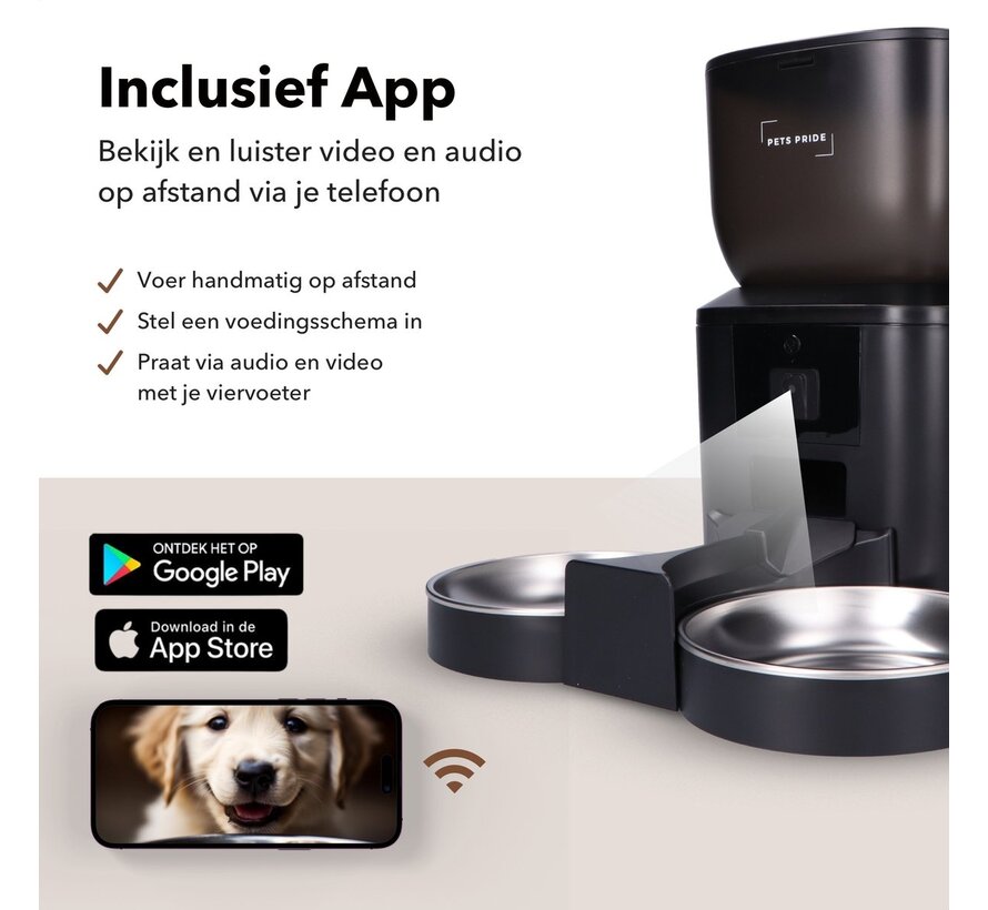 Pets Pride Automatische voerbak kat en hond - Dubbele voederbak met Full HD camera Zwart