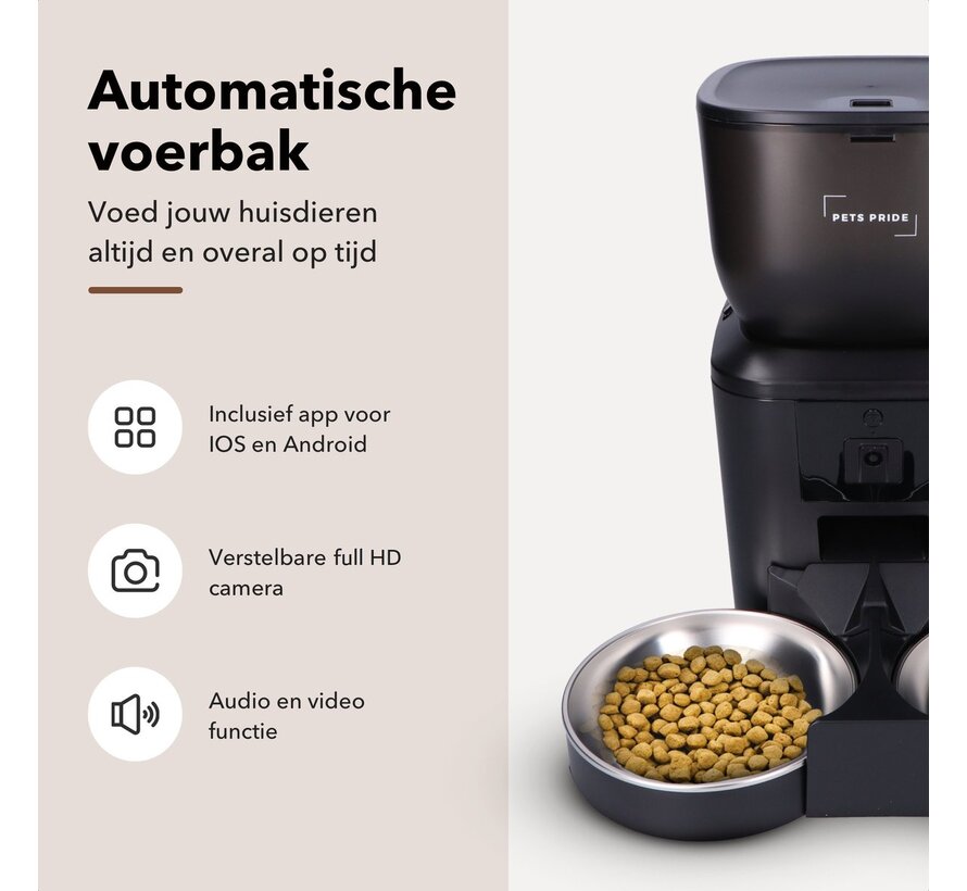Pets Pride Automatische voerbak kat en hond - Dubbele voederbak met Full HD camera Zwart