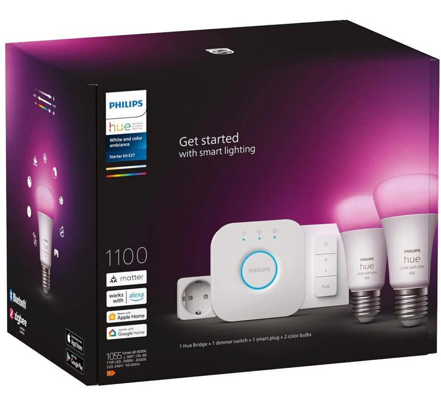 Philips Hue White & Color Ambiance Starterset met 2 x E27 + Bridge + Dimmer + Smart Plug