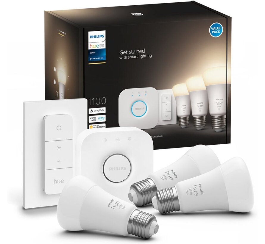 Philips Hue White Starter Pack E27 – 3 lampen + Dimmer Switch + Bridge