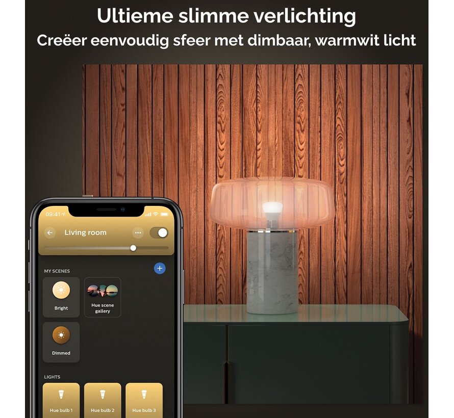 Philips Hue White Starter Pack E27 – 3 lampen + Dimmer Switch + Bridge