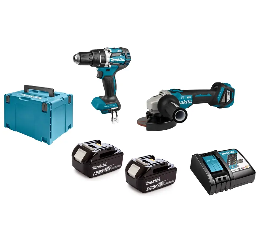 Makita DLX2272TJ 18V combiset met klopboorschroefmachine DHP484 en haakse slijper DGA513 inclusief 2x 5,0Ah accu, snellader en Mbox