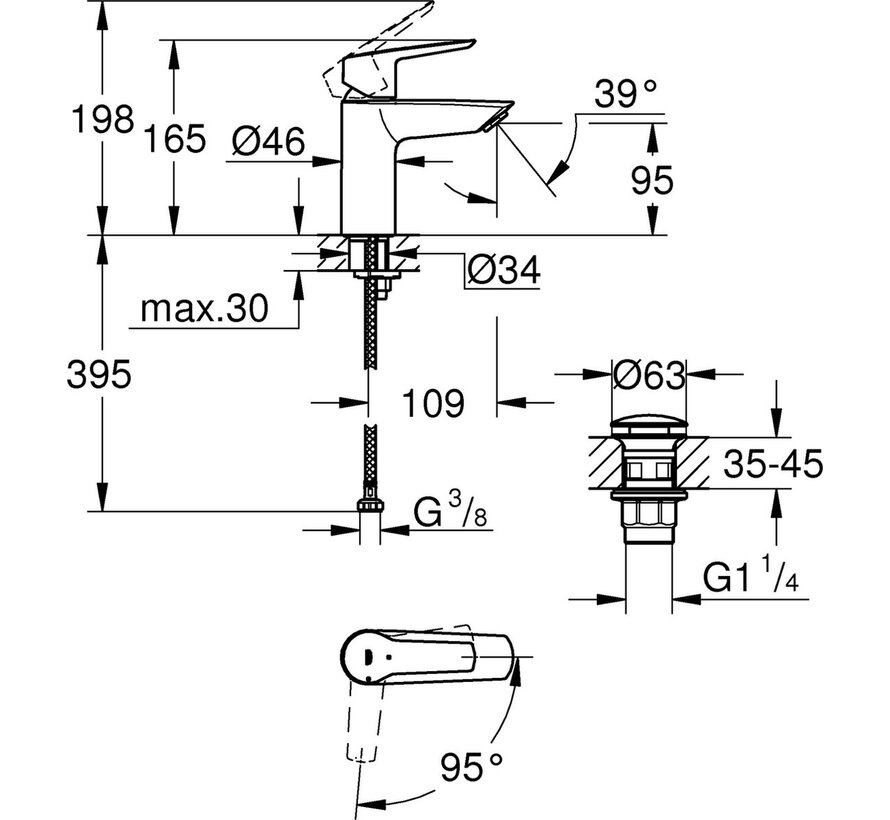 Grohe QuickFix Start S wastafelkraan mat zwart met push-open waste met ColdStart en waterbesparende EcoJoy functie