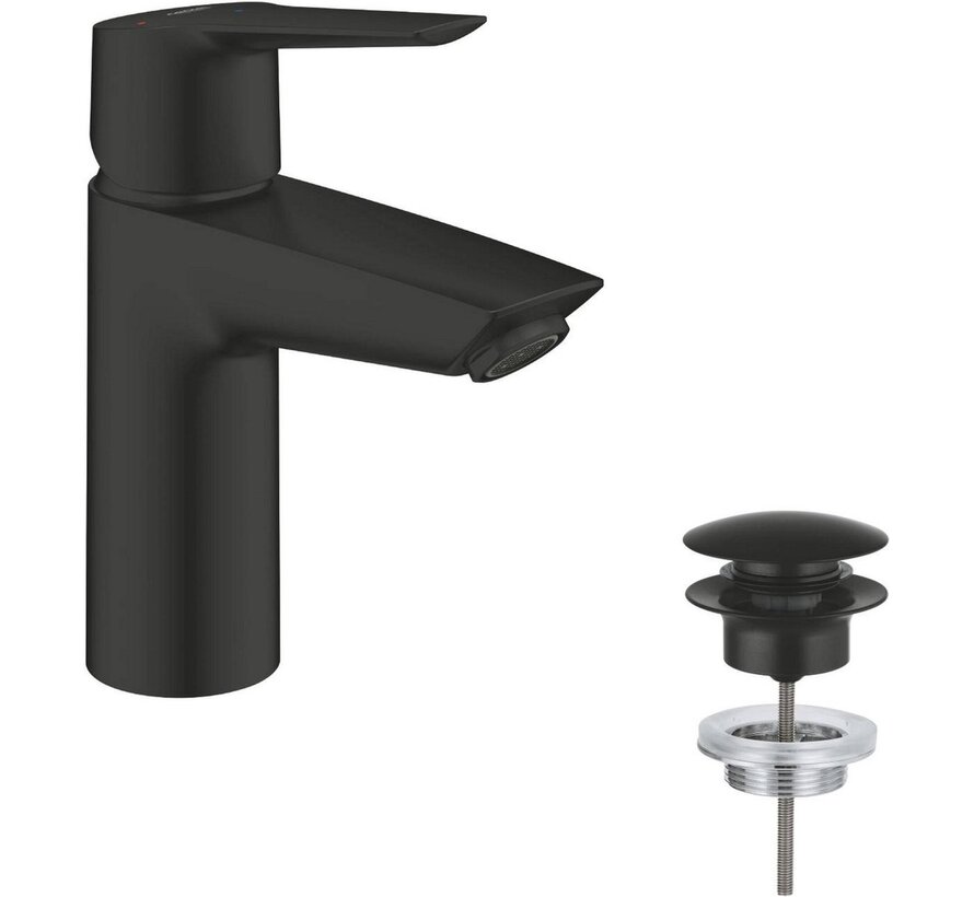 Grohe QuickFix Start S wastafelkraan mat zwart met push-open waste met ColdStart en waterbesparende EcoJoy functie