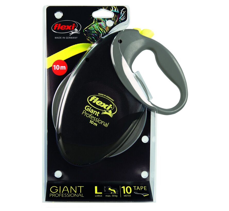Flexi Rollijn Giant Tape Profession hondenriem 10 m zwart/neon geel maat L voor grote en krachtige honden