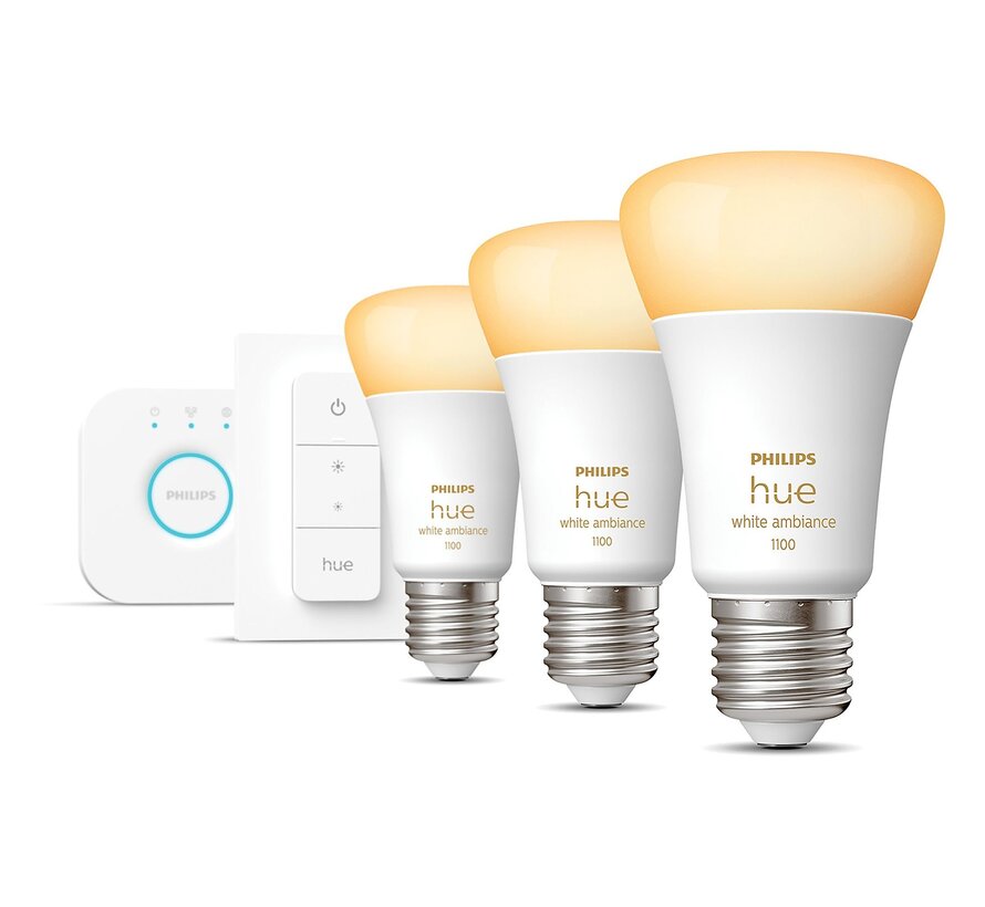 Philips Hue Starterkit E27 White Ambiance 1100 lumen (3 lampen, Bridge en Dimmer Switch)