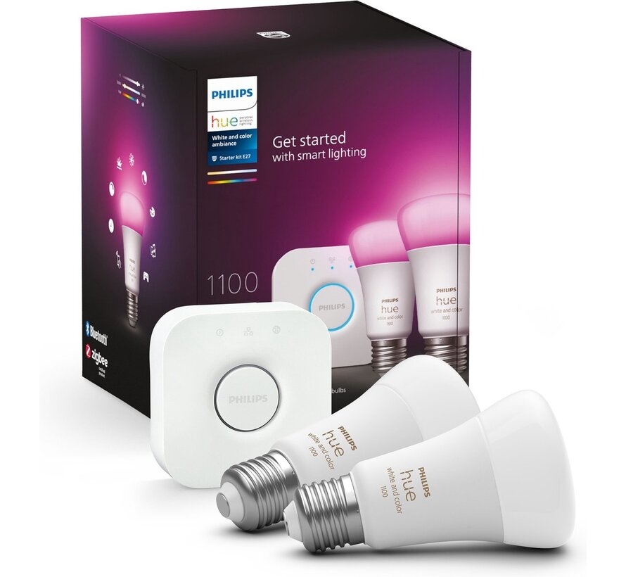 PHILIPS Hue White and Color Ambiance starterset E27 (2 lampen, Bridge en Dimmer Switch)