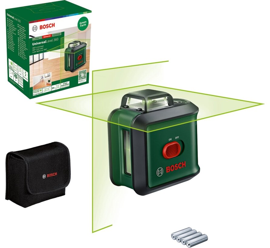 Bosch UniversalLevel 360 kruislijnlaser 24 m met 360 graden lijn, opbergtas en AA batterijen