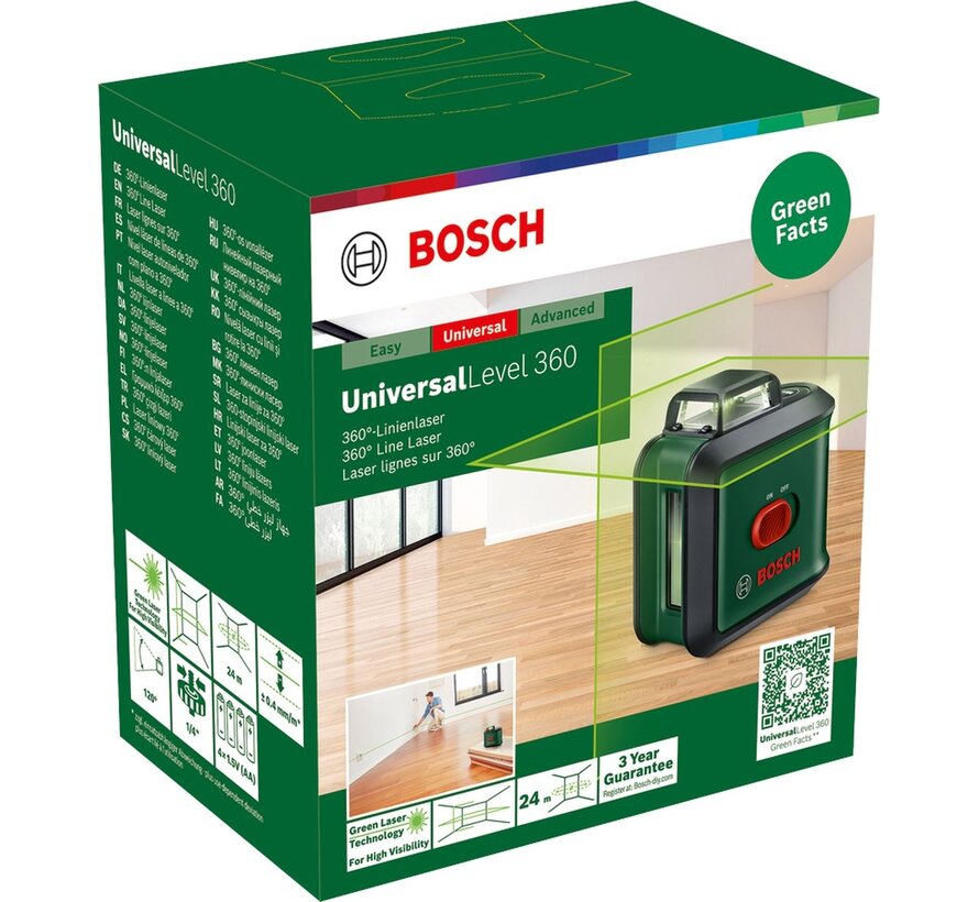 Bosch UniversalLevel 360 kruislijnlaser 24 m met 360 graden lijn, opbergtas en AA batterijen