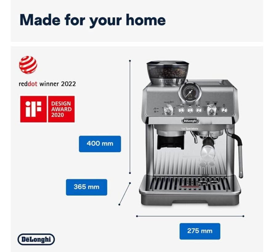 DeLonghi La Specialista Arte Evo EC9255 zilveren espressomachine met ingebouwde bonenmaler, Cold Brew functie, 15 bar pomp, 3 temperatuurprofielen en barista kit