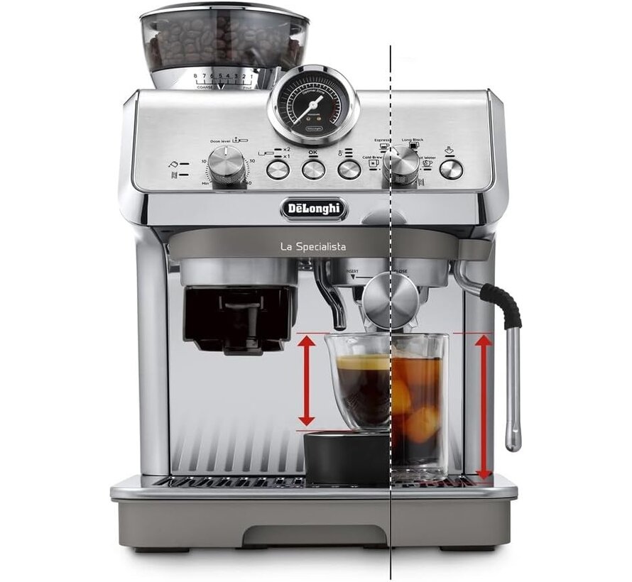 DeLonghi La Specialista Arte Evo EC9255 zilveren espressomachine met ingebouwde bonenmaler, Cold Brew functie, 15 bar pomp, 3 temperatuurprofielen en barista kit
