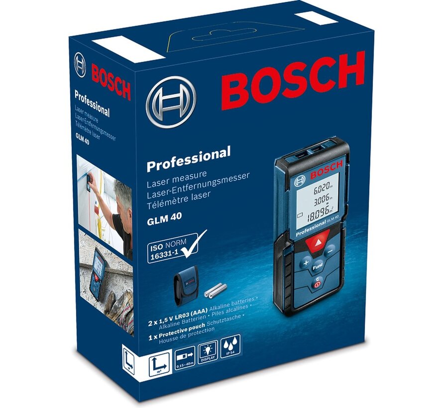 Bosch Professional GLM 40 laserafstandsmeter 40 m - IP54 - 10 geheugen - oppervlakte/volume - nauwkeurigheid tot 1,5 mm