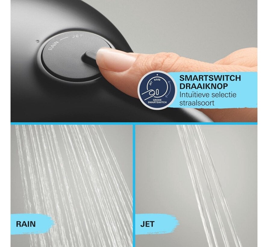 GROHE Vitalio Comfort 250 QuickFix regendoucheset zwart - 250 mm hoofddouche - thermostaat - 2 straalsoorten - TwistStop 1750 mm