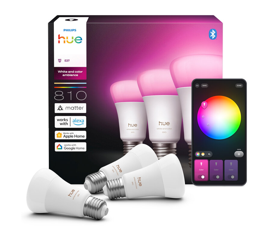 Philips Hue White and Color Ambiance A60 E27 3-pack - 810 lm - 1000-20000 K - Bluetooth Zigbee - dimbaar