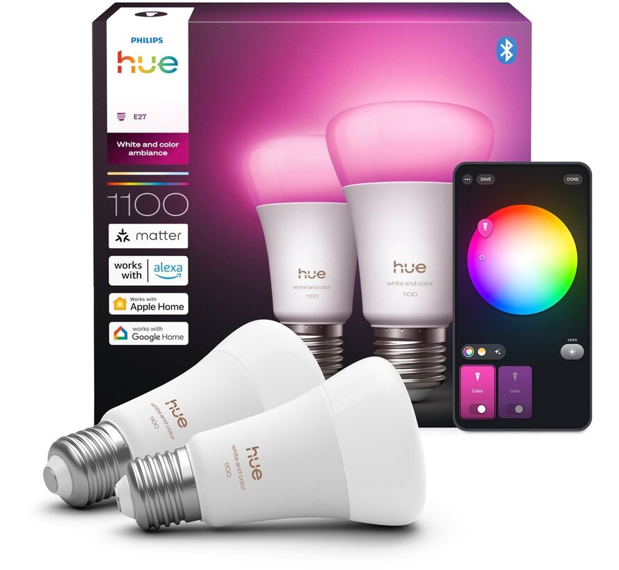Philips Hue A67 E27 White and Color Ambiance 2-pack - 1100 lm - kleur en wit - Bluetooth Zigbee - extra fel