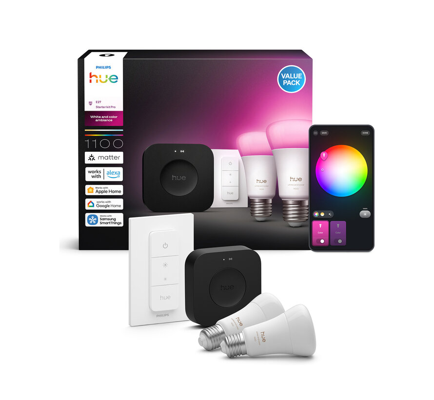 Philips Hue starterkit 2x E27 White and Color Ambiance + Dimmer Switch + Bridge Pro - 1100 lm - Zigbee Bluetooth