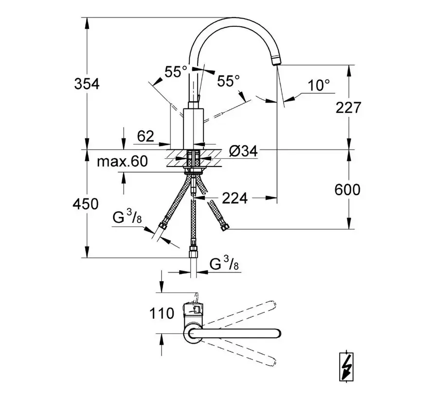 GROHE Eurosmart Cosmopolitan Keukenkraan Hoge Uitloop Lage Druk Chroom
