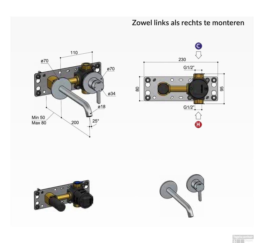 Hotbath HBCB105 Inbouwdeel Wastafelkraan 005/005T