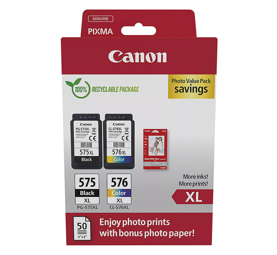 Canon PG-575XL/CL-576XL Photo Value Pack – XL-inkt + 50 fotovellen