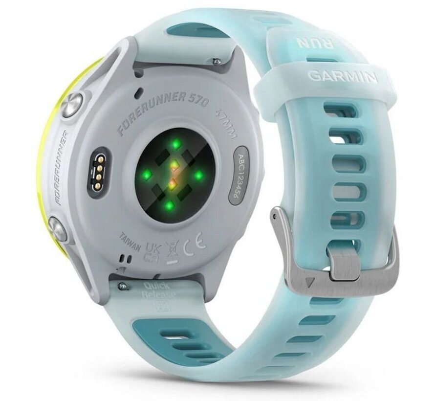 Garmin Forerunner 570 47mm Wit / Amp Yellow – GPS-sporthorloge met wit/turquoise band