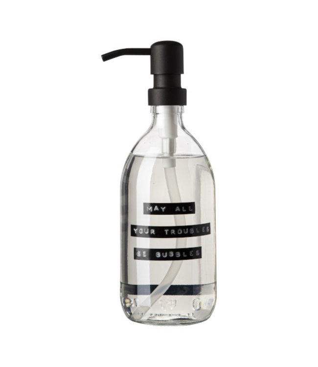 Handzeep helder glas zwarte pomp 500ml frisse linnen 'May all your troubles be bubbles'