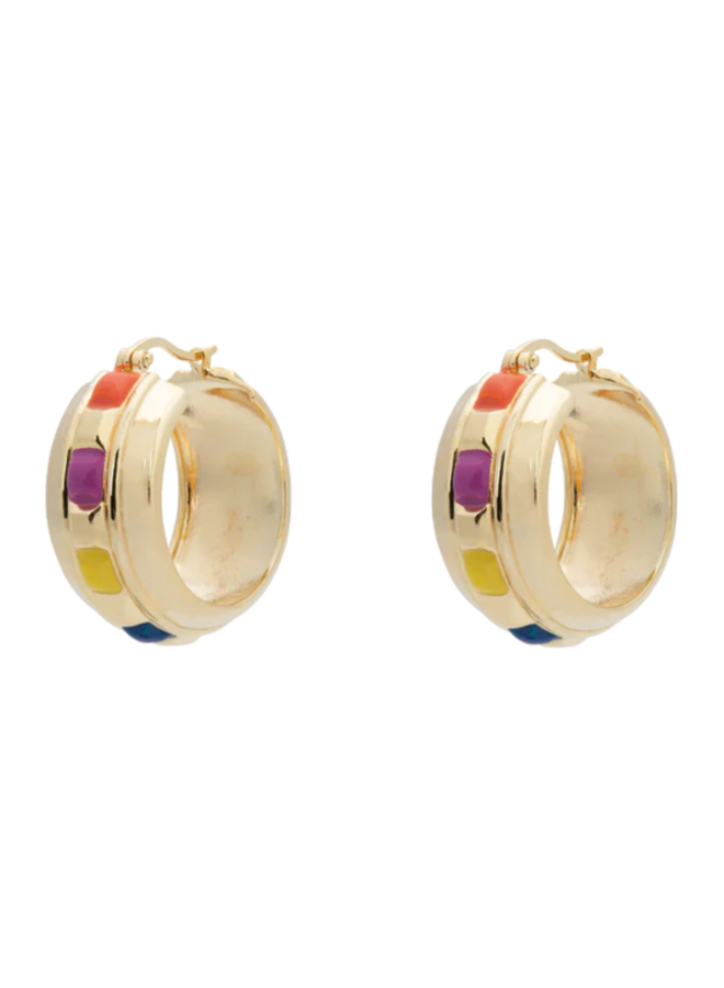 Oorbellen rainbow checkered hoop earrings brass goldplated