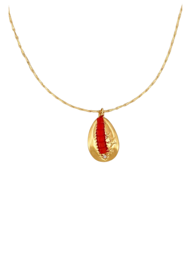 Ketting cowrie stars red cubes goud