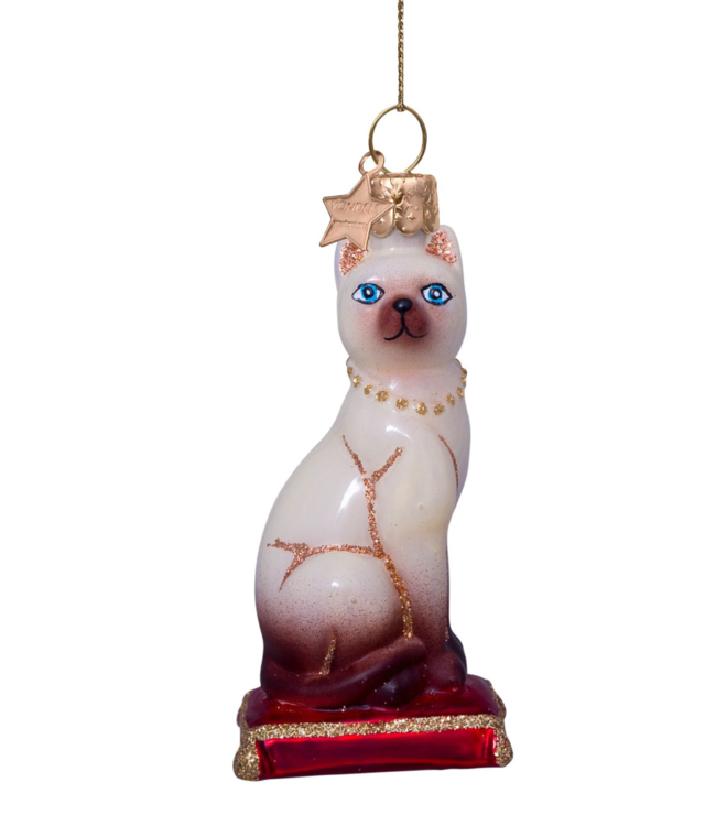 Vondels Ornament glass siamese cat w/red cushion